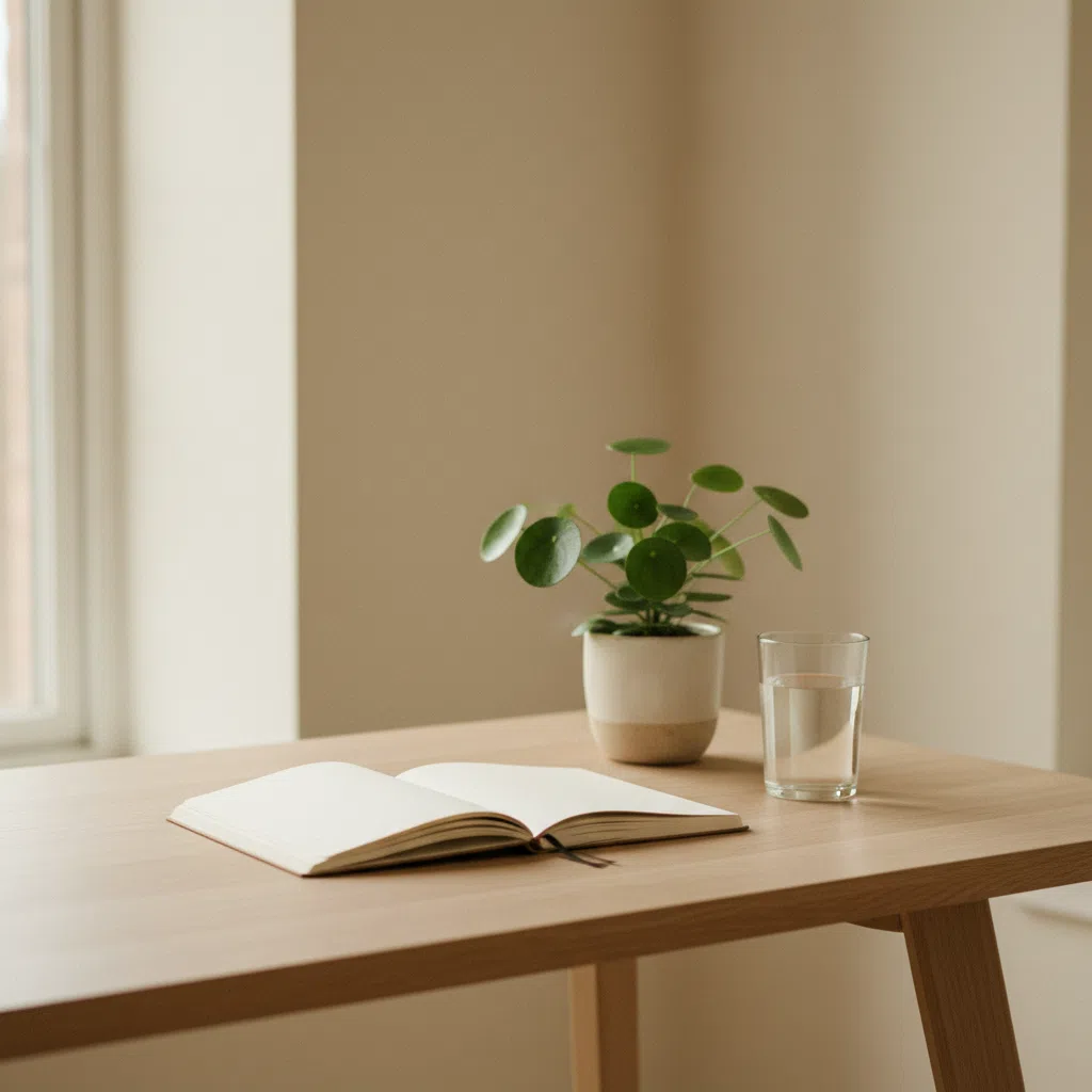 A calm workspace with a notebook, a green plant, and a glass of water on a light wooden desk