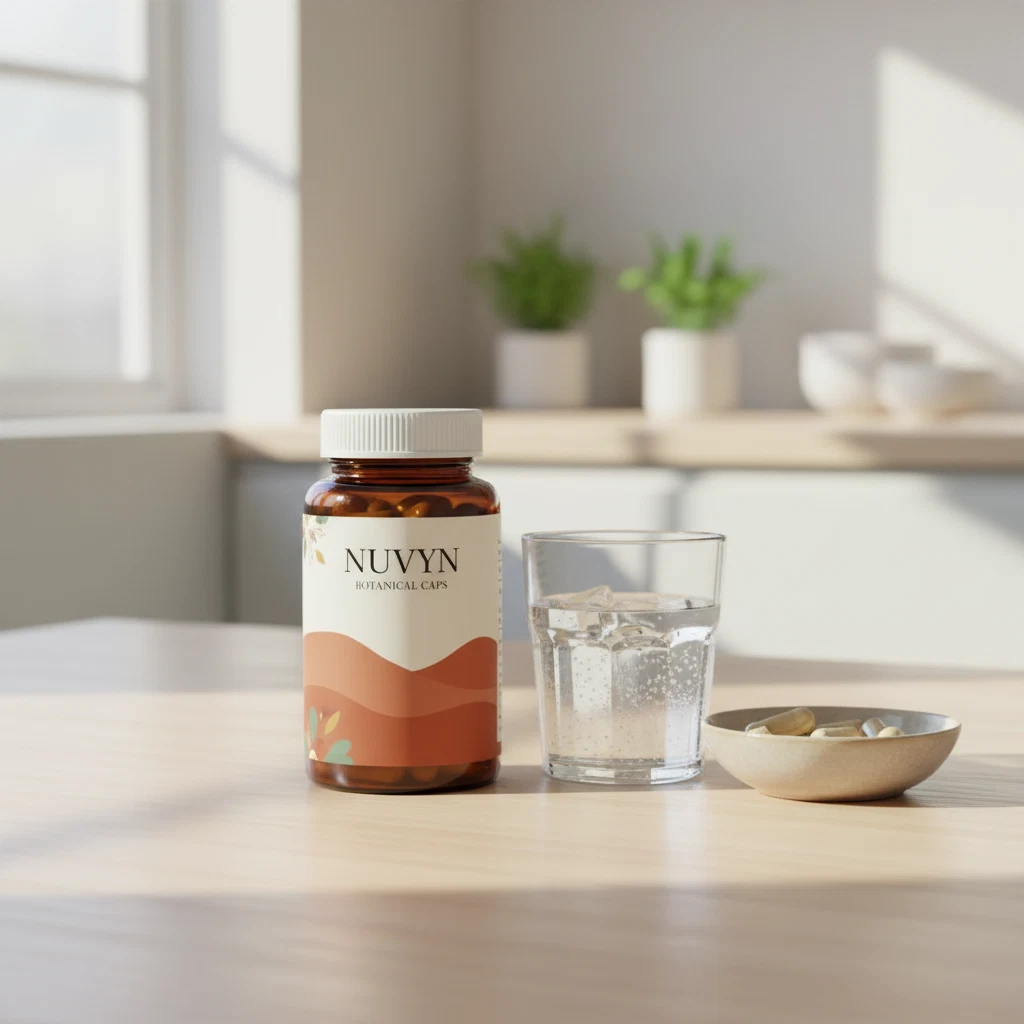 Nuvyn Botanical Caps amber glass jar on a bright kitchen table beside a glass of water and green leaves